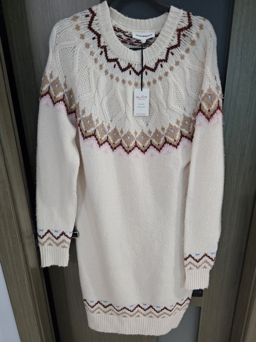 Lucky Brand Cream Fair Isle Cable Knit Pullover Sweater Dress Size S